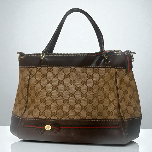 Women's Gucci Monogram Canvas Leather Trim Tote Bag Brown/Tan One Size - Picture 1 of 15